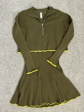 Olive Green Ribbed Knit Dress with Yellow Trim - Women's